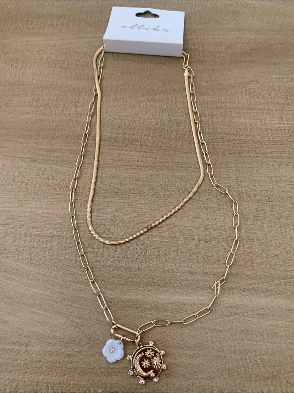 ettika Gold-Tone Layered Necklace with White Flower Sun Compass Lariat Necklace - Picture 1 of 6